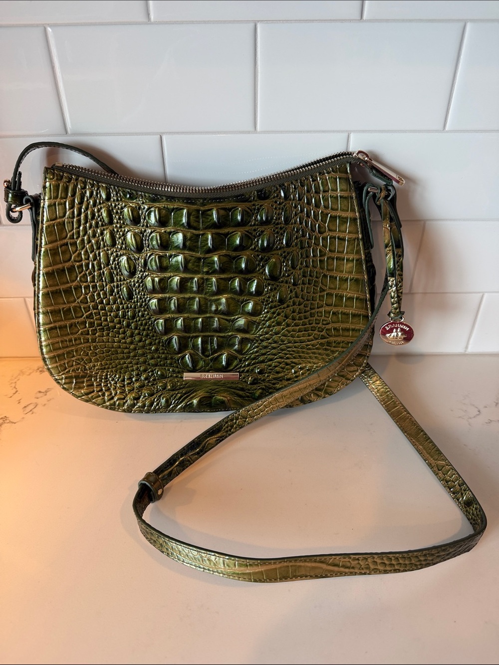 Brahmin Shayna Matcha Green Melbourne Croc-Embossed Leather Shoulder Bag